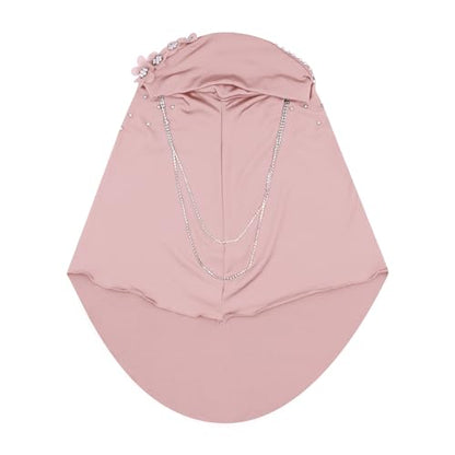 RARITYUS Women Bling Rhinestone Pearl Instant Scarf Muslim Hijab Fashion Shawl Head Wrap Turban Cap with Flower Accent - color: Pink
