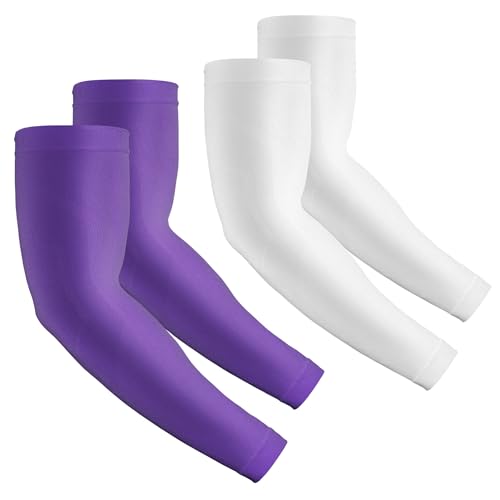 2 Pairs UV Protection Cooling Arm Sleeves Compression Sun Sleeves for Men Women Youth, Tattoo Cover Up, UPF 50 - color: 2 Pairs: 1 Pair White & 1 Pair Purple