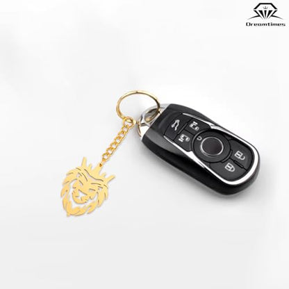 Dreamtimes Lion With King Crown Keychain for Men Stainless Steel Lion Punk Rock Keychain Bag Car Key Pendant Keychain - color: Gold-1