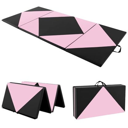 Giantex 4'x8' Gymnastics Mat, 2" Thick Folding Tumbling Mat with Carrying Handles, Foldable Gym Mat with Hook and Loop Fastener, Cheer Mats for Kids Adults Home Exercise Aerobics Fitness - color: Light Pink/Black