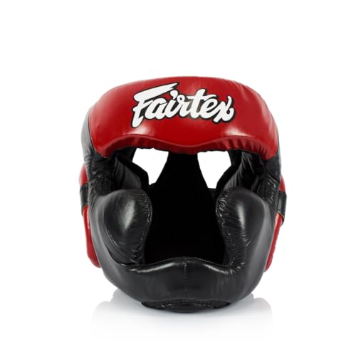 Fairtex Full Head Guard, Muay Thai MMA Sparring Helmet Protective Headgear | Handcrafted 3-layer padding shell. Lightweight sleek construction shields against elbows during high-intensity ring session - color: HG13 Full Head-Black/Red, size: X-Large