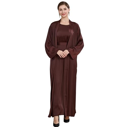 Islamic Abaya Dress for Women Muslim Maxi Abayas 2pcs Silky Fashion Dress Set Daily Kaftan Jilbab Outfit Women Eid Robe - color: Browna, size: Medium