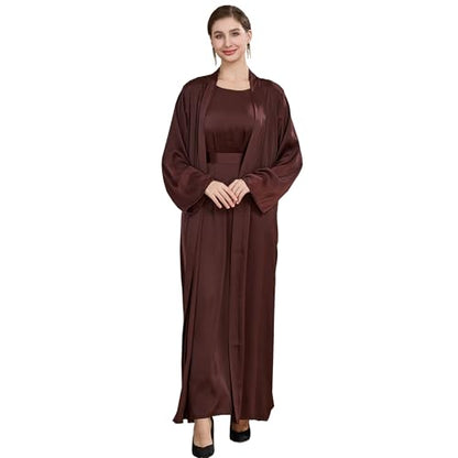 Islamic Abaya Dress for Women Muslim Maxi Abayas 2pcs Silky Fashion Dress Set Daily Kaftan Jilbab Outfit Women Eid Robe - color: Browna, size: X-Large