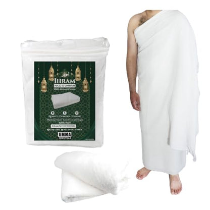 Ihram Ehram Ahram for Men, 100% Cotton, Hajj Umrah Ihram Ehram Towels, Hypoallergenic, Quick-Drying, Lightweight, Breathable, 2 Count, White, Adult Size 110 x 220cm = 43X86 inch