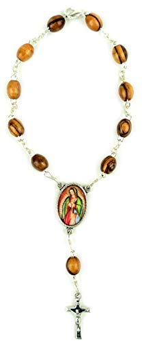 Our Lady of Guadalupe Pocket Rosary, Holy Land Olive Wood Rosary Bracelet with Crucifix & Clasp, One Decade Catholic Charm Bracelet for Car Mirror, Religious Car Accessory for Rearview - color: Our Lady of Guadalupe