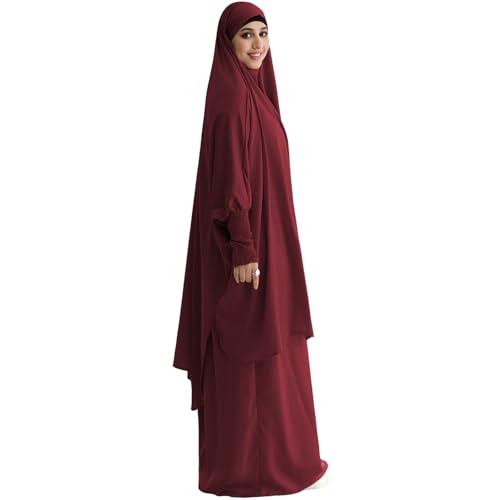 Muslim Women Abaya Two Pieces Set Prayer Dress Elasticated Sleeves Islamic Robe Modest Full Cover Prayer Clothes - color: Wine Red