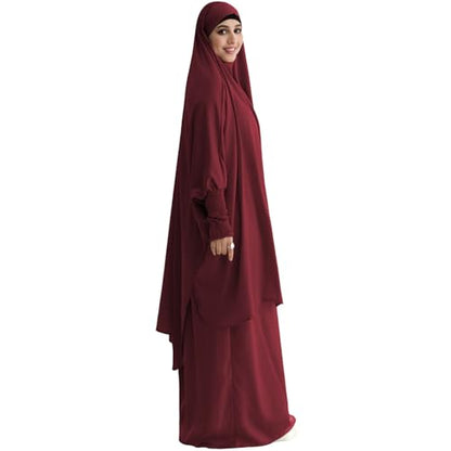 Muslim Women Abaya Two Pieces Set Prayer Dress Elasticated Sleeves Islamic Robe Modest Full Cover Prayer Clothes - color: Wine Red