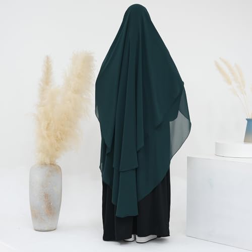 SYANKANGXIAO Ramadan Eid Khimar Abaya Turkey Islam Muslim Chiffon 2 Layers Long Hijab Dress Prayer for Women Full Cover Robe - color: Dark Green