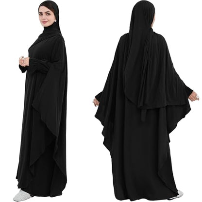 2PCS Women's Muslim Abaya Dress Lace Cuffs Islamic Dubai Prayer Robe Smooth Flowy Muslim Women Clothes - color: Black, size: Medium