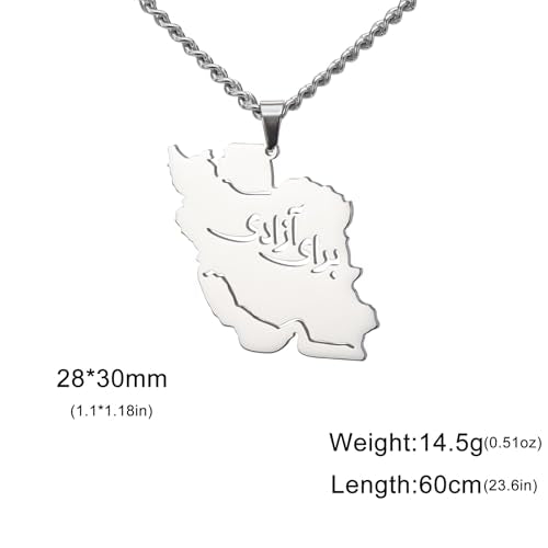 LIKGREAT Iran Map Necklace with Persian Calligraphy Stainless Steel Iranian Cultural Farsi Script Pendant Necklace Patriotic Peace Jewelry - color: 2-sliver