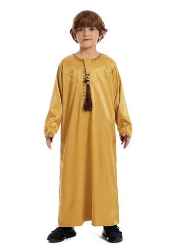 Qianliniuinc Boy's Islamic Dress Round Collar - Youth Long Sleeve Muslim Thobe Arabic Robe Embroidery Clothes with Pockets - color: Camel B, size: 7