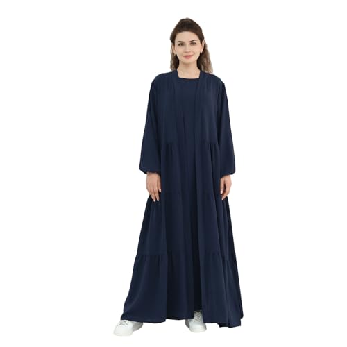 Prlemend Two-Pieces Abaya for Women Muslim Robe with Belt Prayer Dress Set | 2PCs, with Belt, Cake Skirt - color: Dark Blue, size: Medium