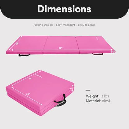 BalanceFrom 6x2 Feet 3-Panel Folding Gymnastics Mat – 2-Inch Thick Pad with Vinyl Surface and Carrying Handles for Tumbling, Yoga, Pilates, Home Workouts, and Martial Arts - color: Pink