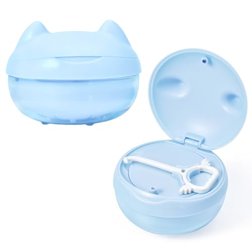 Retainer Case Denture Bath Case Basket Mirror Leak-proof Blue Cat | 2-in-1 design Strainer Basket No-Leak Cleaning Case for Mouth Guard Cute Removal Tool,Aligner chewies,Bursh - color: Blue Cat