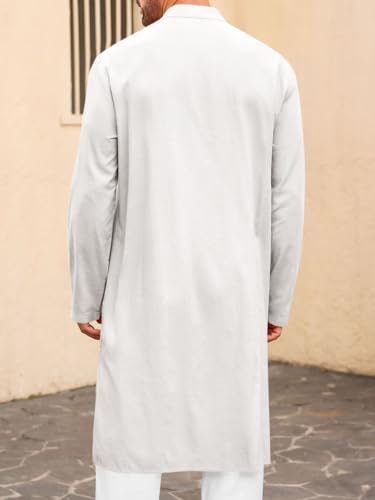 Runcati Mens Kaftan Thobe Button Down Long Sleeve Robe Casual Henley Shirt Cotton Muslim Gown Kurta Tops - color: White, size: X-Large