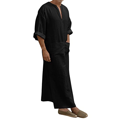 Mens Muslim Robes Solid Cotton Kaftan Thobe V Neck Casual Shirt Long Sleeve Islamic Caftans with Pocket - color: Black, size: Medium