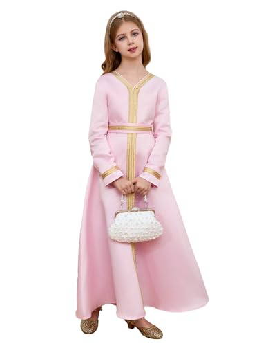 ABAO SISTER Girls Muslim Ramadan Abaya Kids Long Sleeve V Neck Prayer Dress Middle East Arabic Dubai Attire Kaftan Dress - color: Pink, size: 8