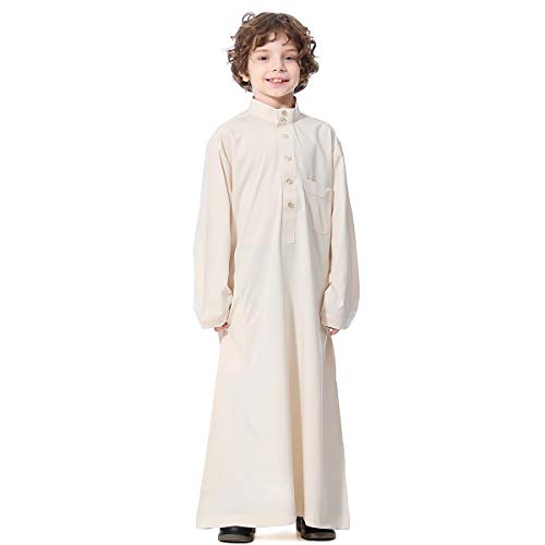 Qianliniuinc Boy's Islamic Dress Round Collar - Youth Long Sleeve Muslim Thobe Arabic Robe Embroidery Clothes with Pockets - color: Beige B, size: 130CM