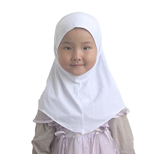 Girls Kids Muslim Hijab Islamic Scarf, Shawl with Rhinestone, Ready-to-Wear Daily Scarf for Ages 3-8 - color: White
