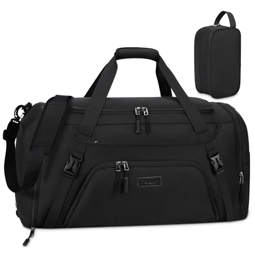 Gym Duffle Bag for Women Men 55L Waterproof Sports Bags Travel Duffel Bags with Shoe Compartment,Wet Pocket Large Weekender Overnight Bag with Toiletry Bag,Black - size: 55L