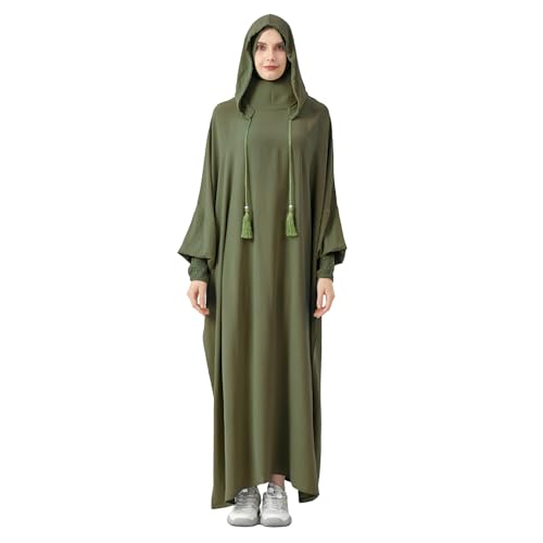 Abaya Muslim Dress Women Prayer Dress Long Sleeve Hooded Loose Maxi Dress Arabian Dubai Islamic Clothes - color: Army Green