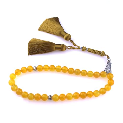 Muslims Islamic Dhikr Tasbeeh Tasbih Prayer Beads, 33 Yellow Agate Stone Beads with Tassel