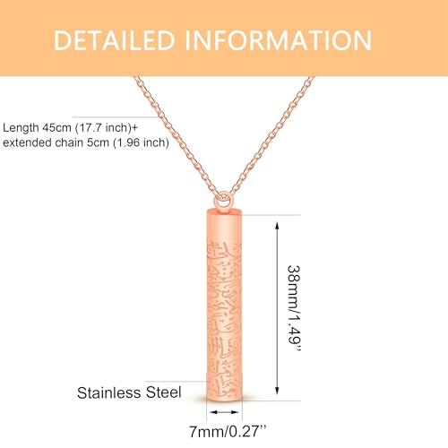 Islamic Necklace | Quran Verse Necklaces | Stainless Steel Cylinder Pendant 17"+2" Extended | Elegant Arabic Jewelry for Men And Women YA5082 - color: rose gold