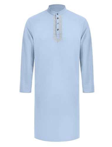Odizli Muslim Clothes For Men Long Sleeve Stand Collar Thobe Saudi Jubba Dishdasha Kurta Diwali Outfits Indian Clothes - color: Light Blue, size: Medium