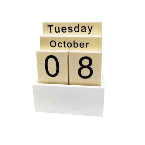Wooden Perpetual Calendar for Desk, Metal Wood Month Date Display for Teachers, Students, Classroom, Rustic Farmhouse Office Decor, Desk Accessories (White wood color) - color: White wood color