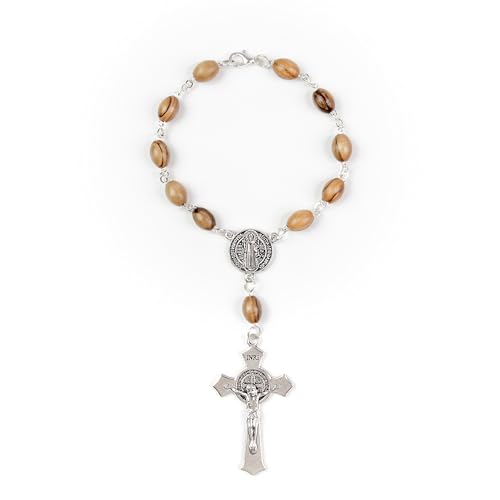 Car Rosary from The Holy Land of Bethlehem - 7” St Benedict Rosary with Crucifix & Saint Benedict Medal, Olive Wood Catholic Pocket Rosary with Wooden Rosary Beads & Lobster Clasp - color: Saint Benedict