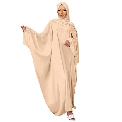 Muslim Dress for Women Pakistani Kaftan Abaya Robe + Hijab Arabic Islamic Prayer Clothes Dubai Outfits - color: Apricot Set
