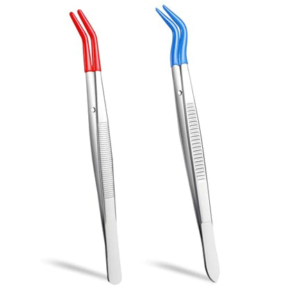 Rubber Tipped Curved Tweezers, 2 Pcs PVC Coated Craft Tweezers Stainless Steel Precision Tweezer Set for Crafts Stamps Coin Beads Jewelry Industrial Electronic Lab (Red, Blue)