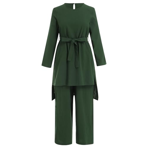 IDOPIP Women's Muslim Abaya Dress 2 Pieces Set Long Sleeve Button Down Shirt and Pants Casual Arabic Islamic Dubai Outfits - color: Green + Belt, size: 5X-Large