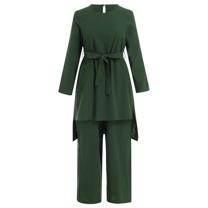 IDOPIP Women's Muslim Abaya Dress 2 Pieces Set Long Sleeve Button Down Shirt and Pants Casual Arabic Islamic Dubai Outfits - color: Green + Belt, size: 4X-Large