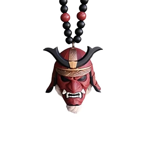 Car Hanging Ornament with Samurai Helmet (Red), Polyurethane Resin Japanese Oni Mask Charm, Auto Decoration Accessory - color: Red