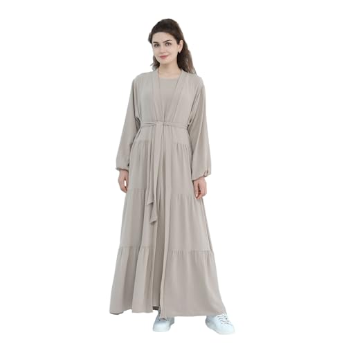Prlemend Two-Pieces Abaya for Women Muslim Robe with Belt Prayer Dress Set | 2PCs, with Belt, Cake Skirt - color: Taro Color, size: Medium