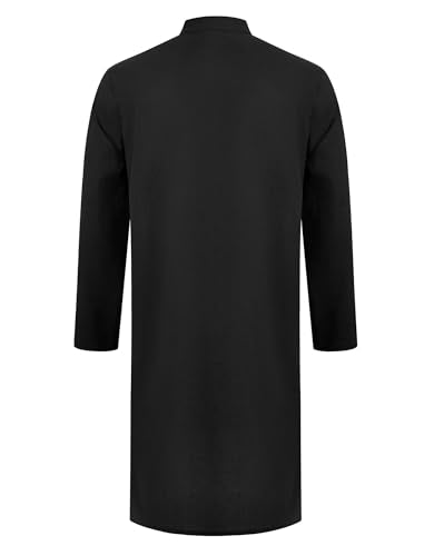 IWEMEK Men Kaftan Robe Button Up Muslim Thobe Long Sleeve Eid Ramadan Abaya Henley Shirts Casual Dubai Islamic Prayer Clothes - color: Black, size: Medium
