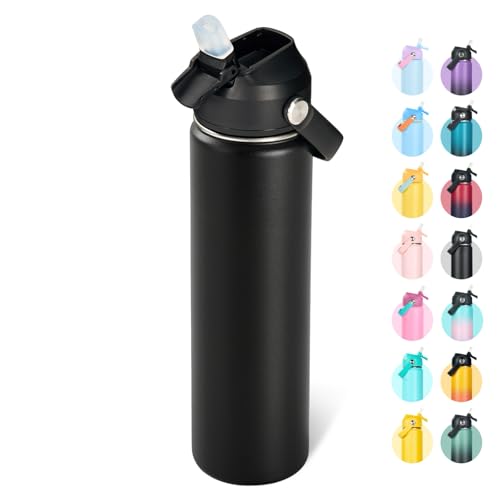 Fijinhom 24oz Insulated Stainless Steel Water Bottle, Wide Mouth Double Wall Vacuum, Silicone Straw, Sweat & Leak Proof, BPA Free Insulated Water Flask for Travel, Keep Cold 24h Hot 12h, Black - color: Black, size: 24 Ounces