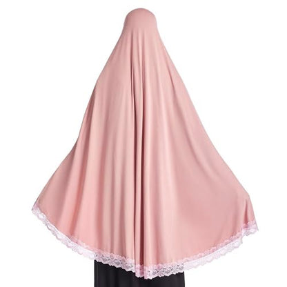 Prlemend 여성용 무슬림 히잡 두바이 실크 스카프 레이스 헤드 랩 스카프 단색 숄 | Milk Silk Fabric, Lace Edge - color: 핑크, size: 미디엄