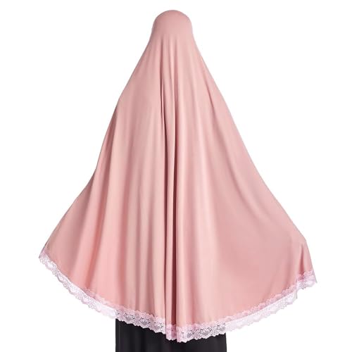 Prlemend 여성용 무슬림 히잡 두바이 실크 스카프 레이스 헤드 랩 스카프 단색 숄 | Milk Silk Fabric, Lace Edge - color: 핑크, size: 라지