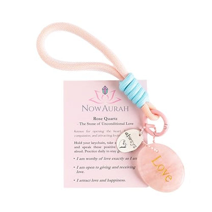 Crystal Keychain Set - Natural Healing Stones with Affirmation Cards- Worry Stone Anxiety Relief Gift - color: Rose Quartz
