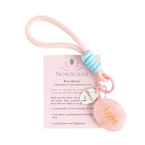 Crystal Keychain Set - Natural Healing Stones with Affirmation Cards- Worry Stone Anxiety Relief Gift - color: Rose Quartz