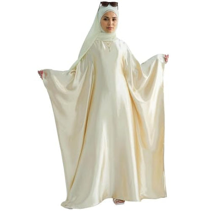 Muslim Dress Women Abaya Elegant Satin Prayer Dress Batwing Long Sleeve with Hijab Arab Islamic Dubai Ramadan Robe - color: Beige