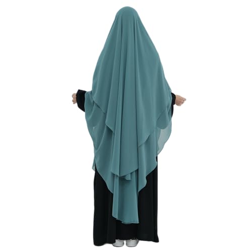 SYANKANGXIAO Ramadan Eid Khimar Abaya Turkey Islam Muslim Chiffon 2 Layers Long Hijab Dress Prayer for Women Full Cover Robe - color: Grey Blue