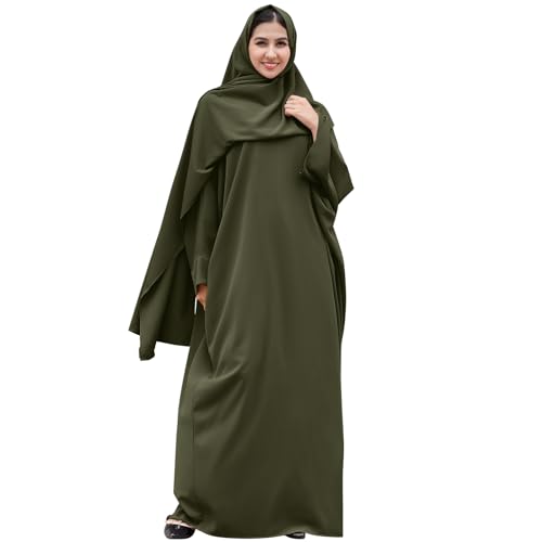 IDOPIP Abayas for Women Muslim Dress with Hijab, One-Piece Long Sleeve Islamic Prayer Dress with Khimar Jilbab Kaftan Clothes - color: Army Green + Hijab
