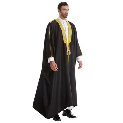 Muslim Men Thobe Thick Golden Tassel Muslim Prayer Cardigan Eid Open Abaya - color: Black, size: Medium