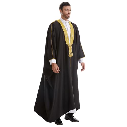 Muslim Men Thobe Thick Golden Tassel Muslim Prayer Cardigan Eid Open Abaya - color: Black, size: Large