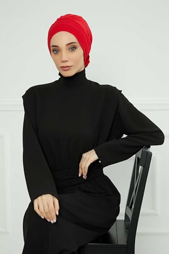 Aisha's Design Instant Turban Head Wraps for Women, Combed Cotton Scarf Lightweight Pre tied Hijab with Back Rose Detail - color: Red