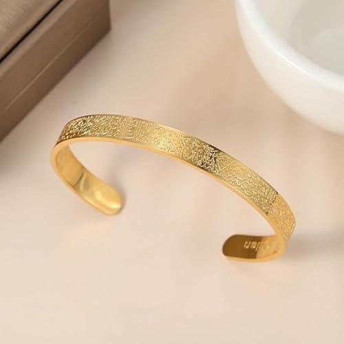 Ayatul Kursi Exquisite Stainless Steel Bracelet Islamic Muslim Quran Verse Calligraphy Ramadhan Festival Cuff Bracelet Men Arabic Calligraphy Messenger Jewelry Gift - color: golden