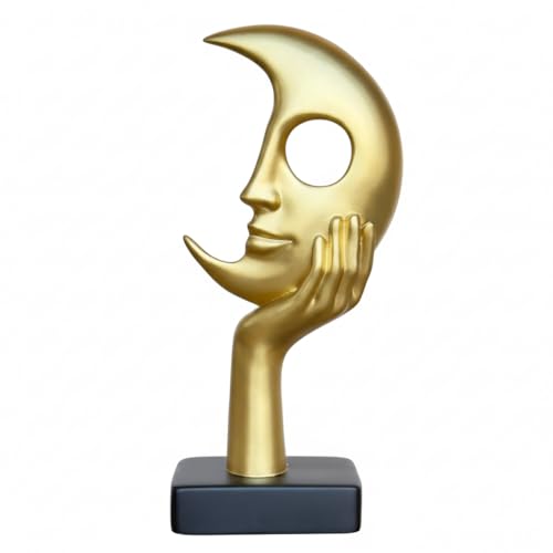Gold Moon Face Sculpture with Hand, Modern Abstract Art Decor, Black Base - color: Gold, size: Small
